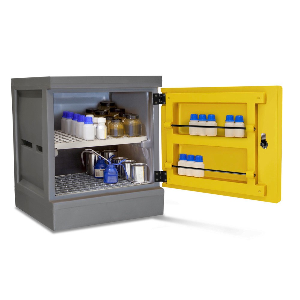 Denios Chemikalienschrank PolyStore Mini, HxBxT 600 x 610 x 640 mm, 2 Gitterroste Edelstahl