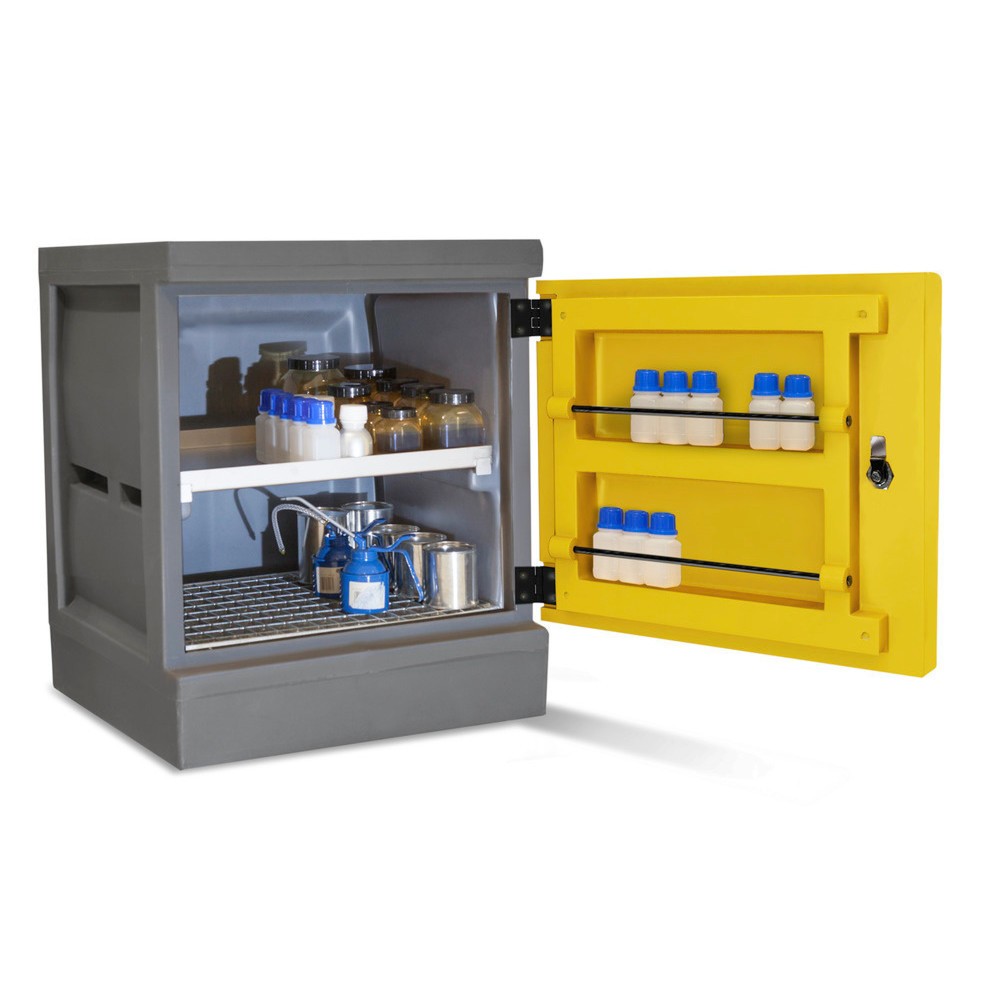 Denios Chemikalienschrank PolyStore Mini, HxBxT 600 x 610 x 640 mm, 1 Einschubwanne, 1 Gitterrost Edelstahl