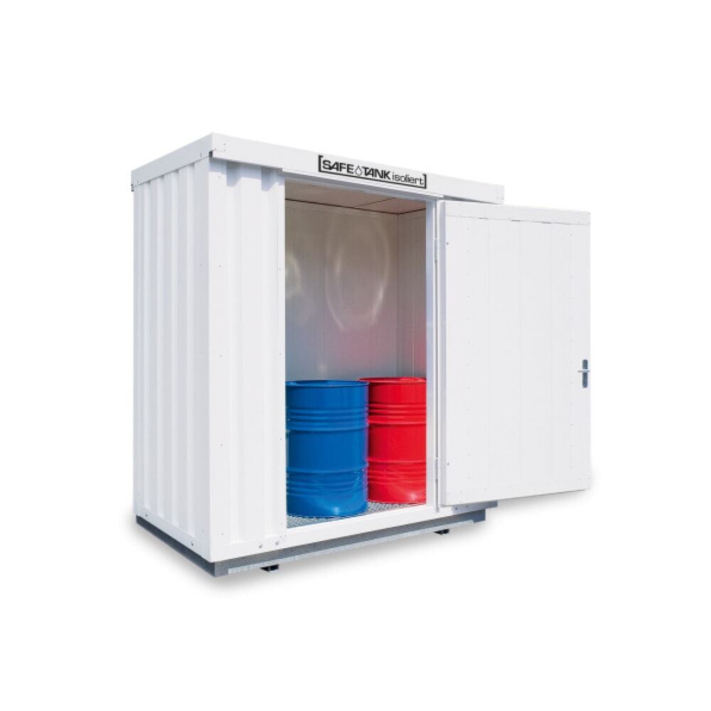 SAFE Tank Gefahrstoffcontainer 300 WGK, isoliert, montiert, kunststoffbeschichtet RAL 9002, Maße außen 2100x1140x2520 mm, Einzelflügeltür, mittig in Breitseite, Lagerfläche 2 m²