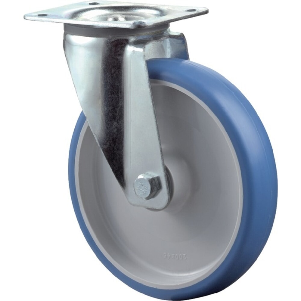 BS ROLLEN Lenkrolle, Polyurethan, Rad-Ø 125 mm Tragfähigkeit 150 kg, Platte L104xB80 mm Farbe Rolle blau