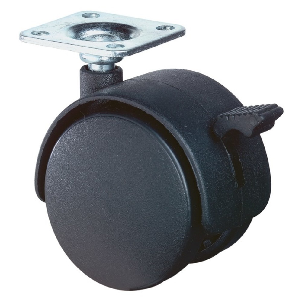 BS ROLLEN Kunststoffdoppelrolle mit Feststeller, mit Anschraubplatte, Rad-Ø 50 mm Tragfähigkeit 40 kg, Polyamid schwarz RAL 9005