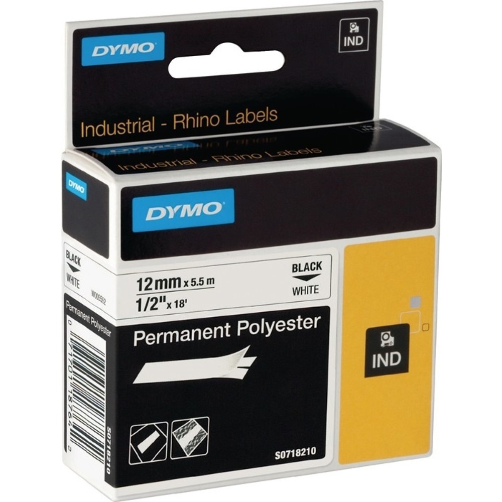 DYMO Schriftband, permanentes Polyesterband, Bandbreite 12 mm Bandlänge 5,5 m, schwarz auf weiss