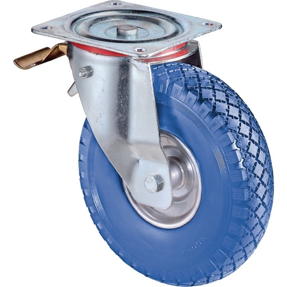 BS ROLLEN Lenkrolle mit Totalfeststeller, mit Anschraubplatte Rollenlager, Rad-Ø 260 mm Tragfähigkeit 160 kg, Gummi blau