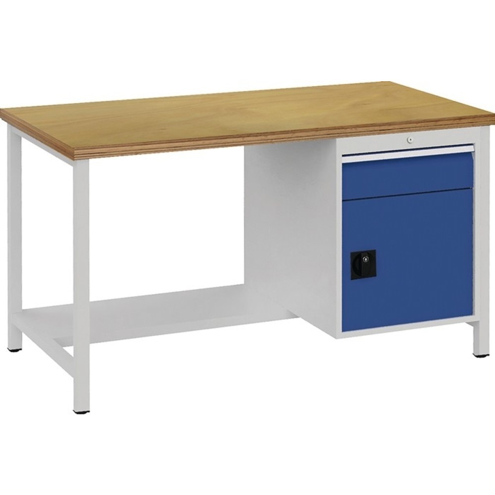 Bedrunka+Hirth Werkbank lichtgrau, RAL 7035 signalblau, RAL 5005, Buche Multiplex 40 mm, B1500xH859xT750 mm, 1 Schublade 1 Tür