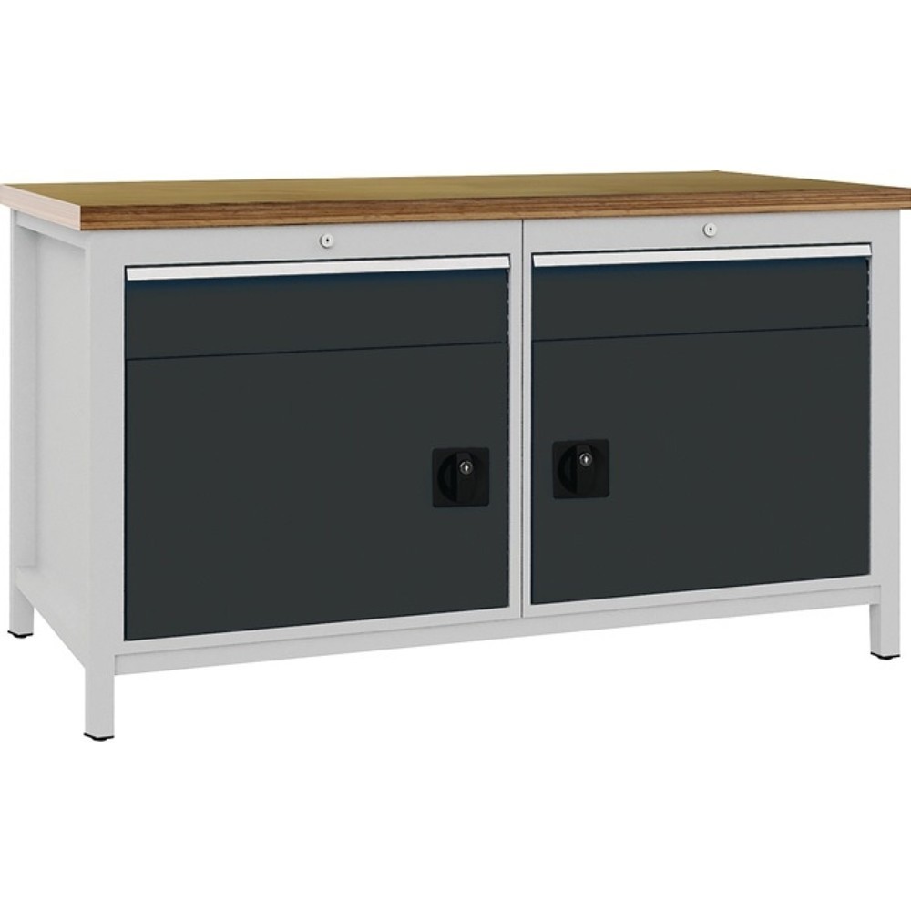 Bedrunka+Hirth Werkbank lichtgrau anthrazitgrau, Buche Multiplex 40 mm, B1500xH859xT750 mm, 2 Schubladen 2 Türen