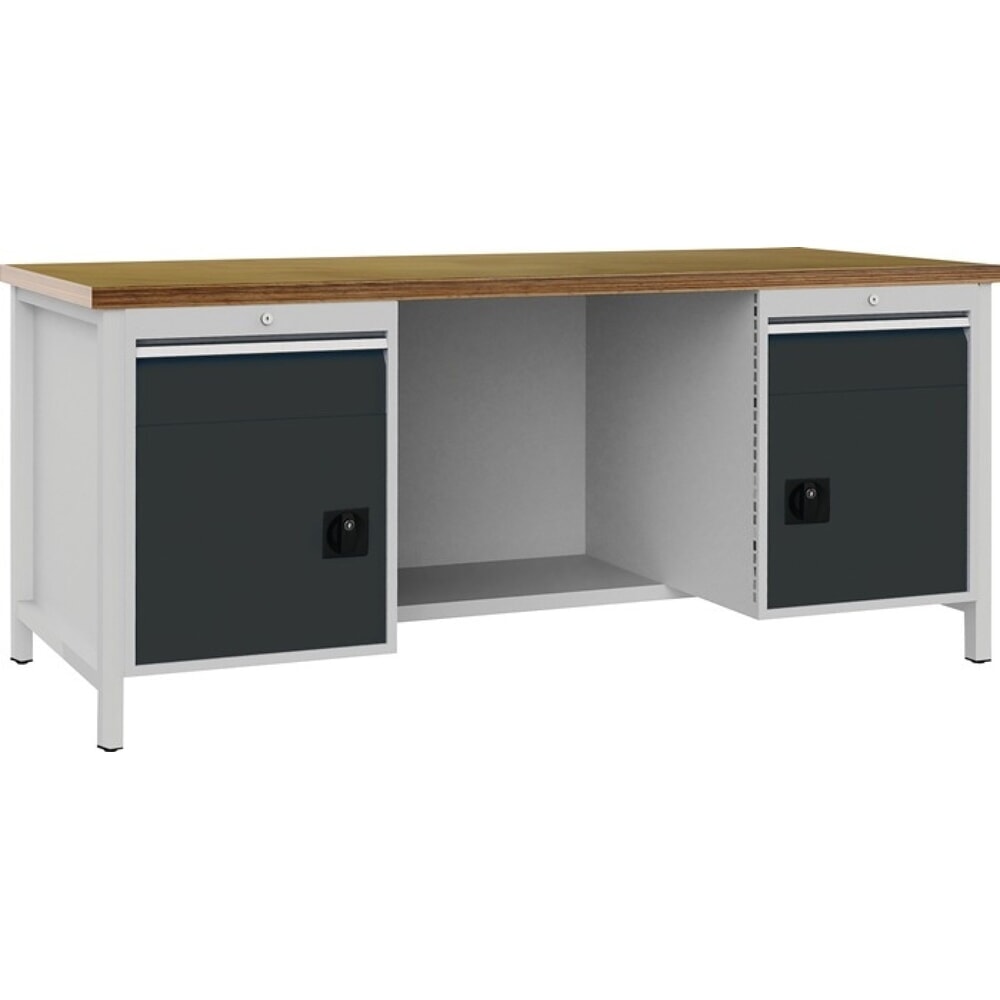 Bedrunka+Hirth Werkbank lichtgrau anthrazitgrau, Buche Multiplex 40 mm, B2000xH859xT750 mm, 2 Schubladen 2 Türen