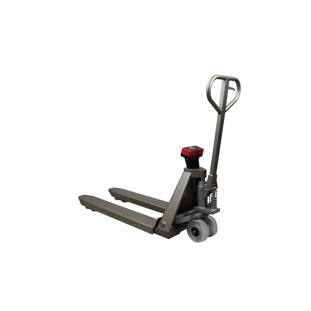 Ravas Edelstahl-Hubwagen mit Waage INOX, Tragfähigkeit 2.000 kg, GL 1.150 mm, Polyamid, Tandemrollen