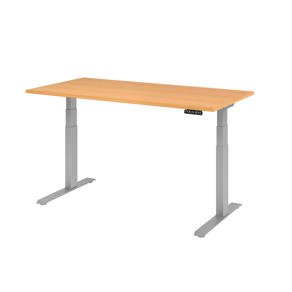 Hammerbacher Elektrisch höhenverstellbarer Schreibtisch 2-stufig, Memory-Schalter, C-Fuß, BxT 1.600 x 800 mm, Buche, silber