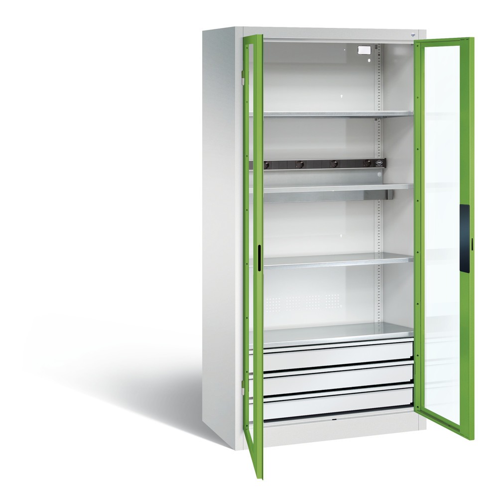 C+P Akku-Ladeschrank Serie 89, 3 Schubladen, 1 Elektro-Einlegeboden, 5-fach-Steckdosenleiste, 3 m Zuleitung, Sichtfenster, lichtgrau/viridingrün