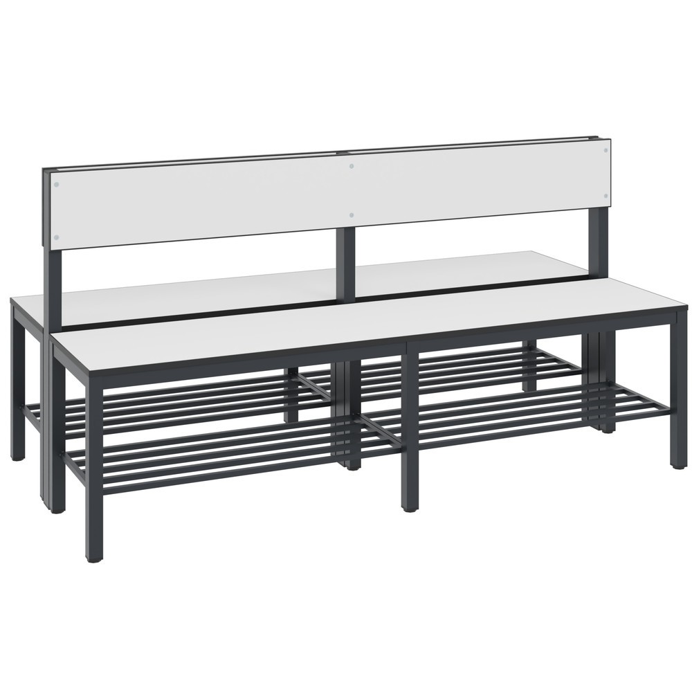 C+P Umkleidesitzbank Basic Plus, Länge 1.500 mm, doppelseitig, mit Rückenlehne, inkl. Schuhrost, schwarzgrau/weiss
