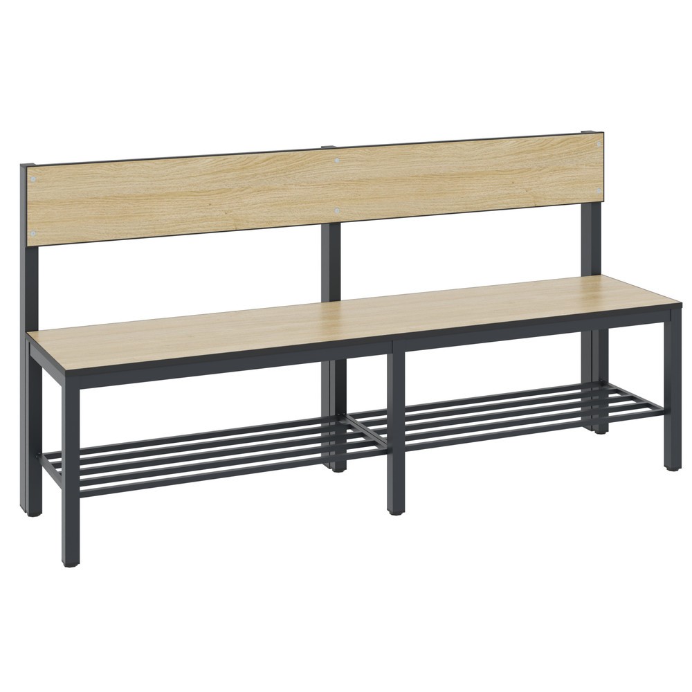 C+P Umkleidesitzbank Basic Plus, Länge 1.500 mm, einseitig, mit Rückenlehne, inkl. Schuhrost, schwarzgrau/Eiche Sereno