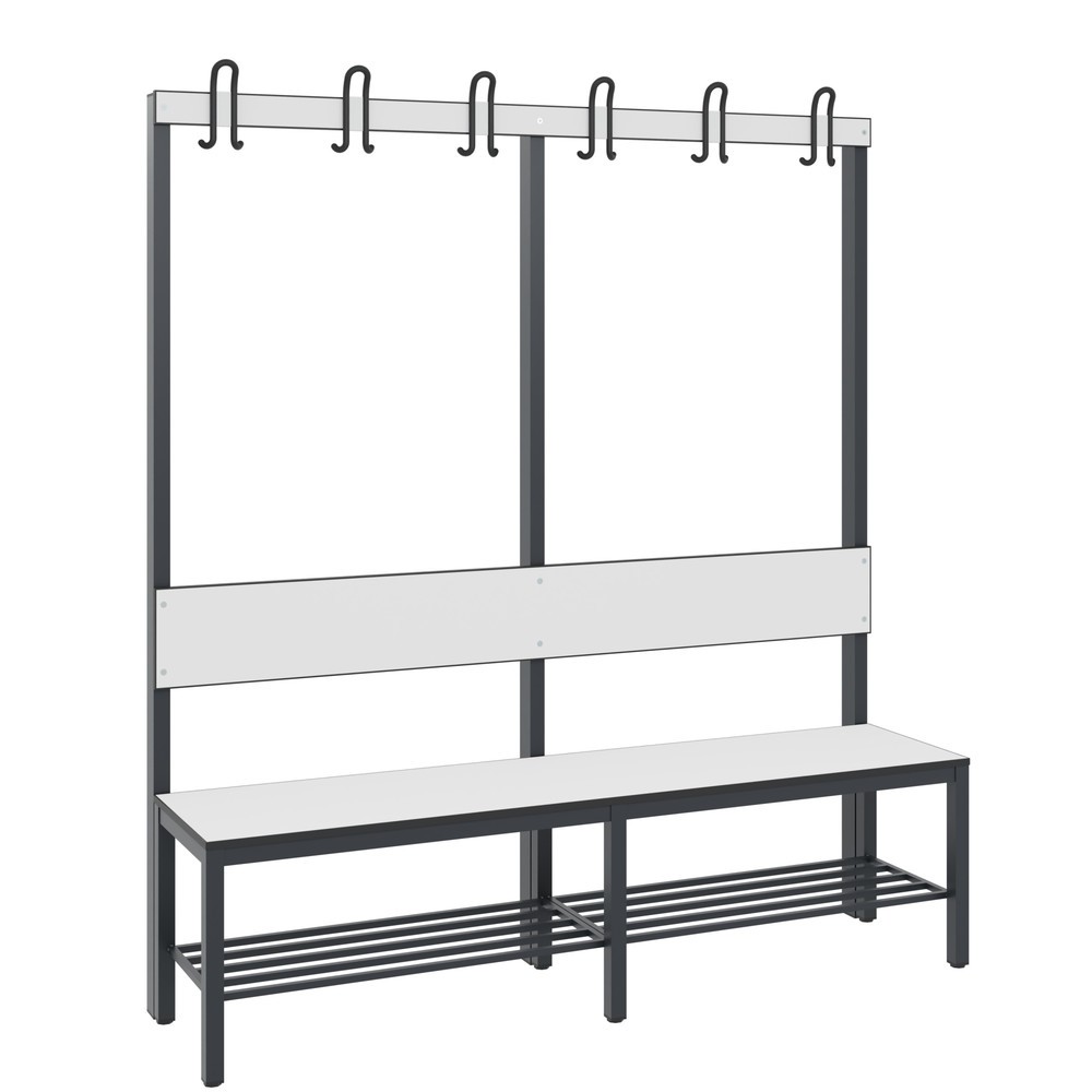 C+P Umkleidesitzbank Basic Plus, Länge 1.500 mm, einseitig, mit Rückenlehne, 6 Doppelhaken, inkl. Schuhrost, schwarzgrau/weiss
