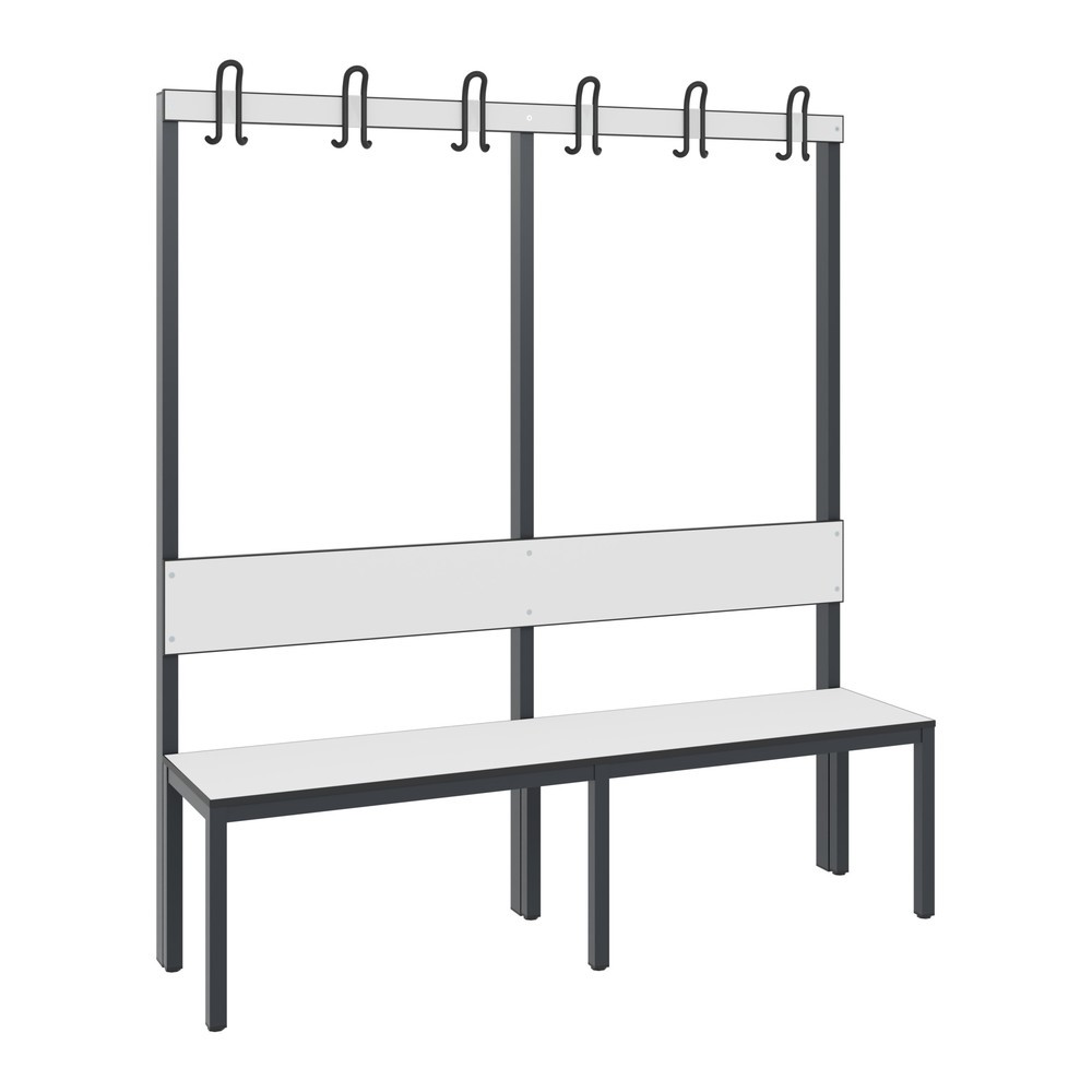 C+P Umkleidesitzbank Basic Plus, Länge 1.500 mm, einseitig, mit Rückenlehne, 6 Doppelhaken, schwarzgrau/Eiche Sereno