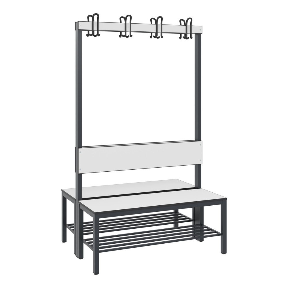 C+P Umkleidesitzbank Basic Plus, Länge 1.000 mm, doppelseitig, mit Rückenlehne, 2x4 Doppelhaken, inkl. Schuhrost, schwarzgrau/weiss