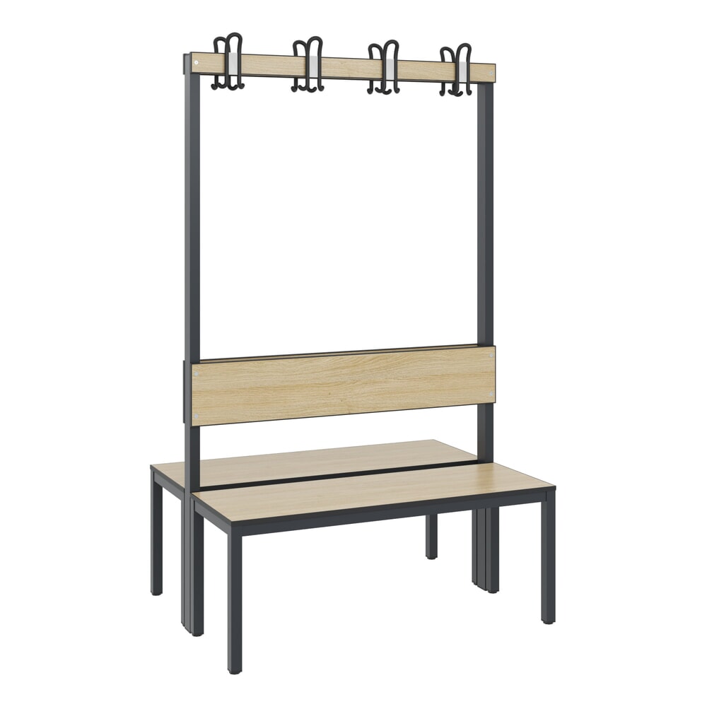 C+P Umkleidesitzbank Basic Plus, Länge 1.000 mm, doppelseitig, mit Rückenlehne, 2x4 Doppelhaken, schwarzgrau/Eiche Sereno