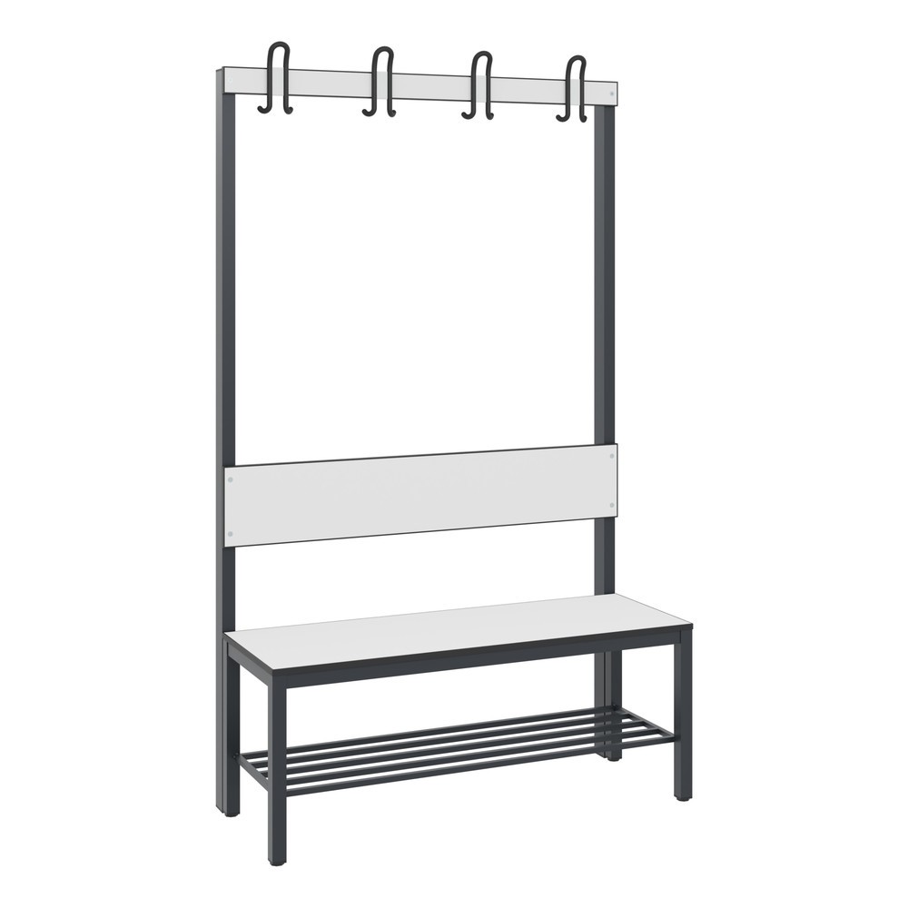 C+P Umkleidesitzbank Basic Plus, Länge 1.000 mm, einseitig, mit Rückenlehne, 4 Doppelhaken, inkl. Schuhrost, schwarzgrau/weiss