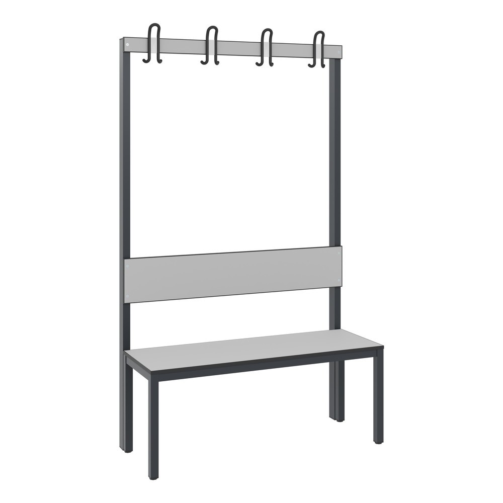 C+P Umkleidesitzbank Basic Plus, Länge 1.000 mm, einseitig, mit Rückenlehne, 4 Doppelhaken, schwarzgrau/silbergrau