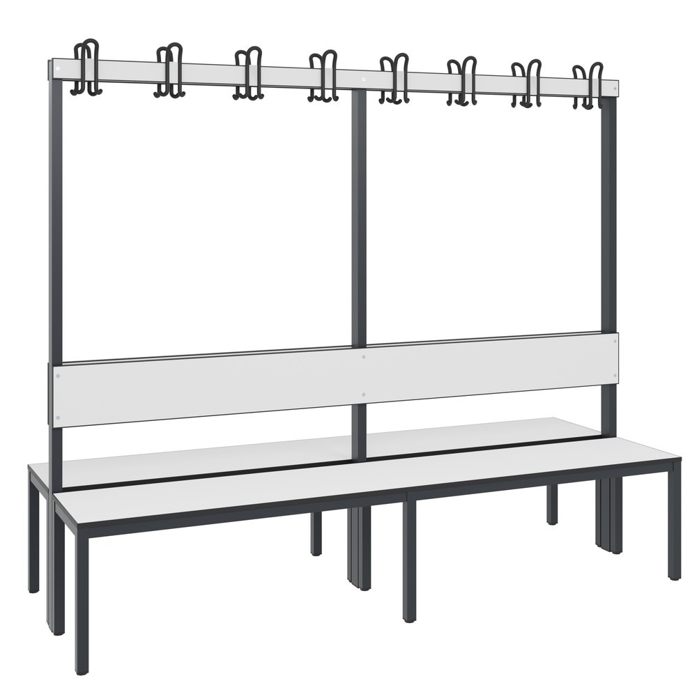 C+P Umkleidesitzbank Basic Plus, Länge 1.960 mm, doppelseitig, mit Rückenlehne, 2x8 Doppelhaken, schwarzgrau/weiss