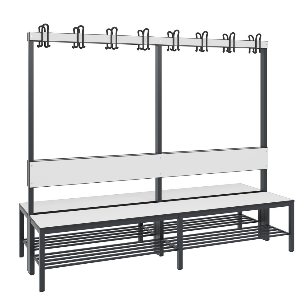 C+P Umkleidesitzbank Basic Plus, Länge 1.960 mm, doppelseitig, mit Rückenlehne, 2x8 Doppelhaken, inkl. Schuhrost, schwarzgrau/weiss