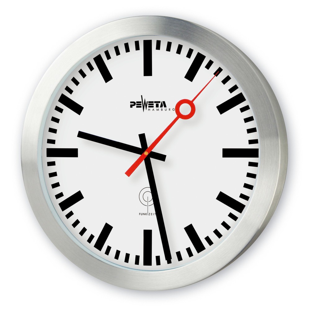 PEWETA Funk-Wanduhr DCF77 Typ 150, DIN-Balkenziffern, „Bahnhof-Sekundenzeiger“, Ø 300 mm, Aluminium mattgeschliffen
