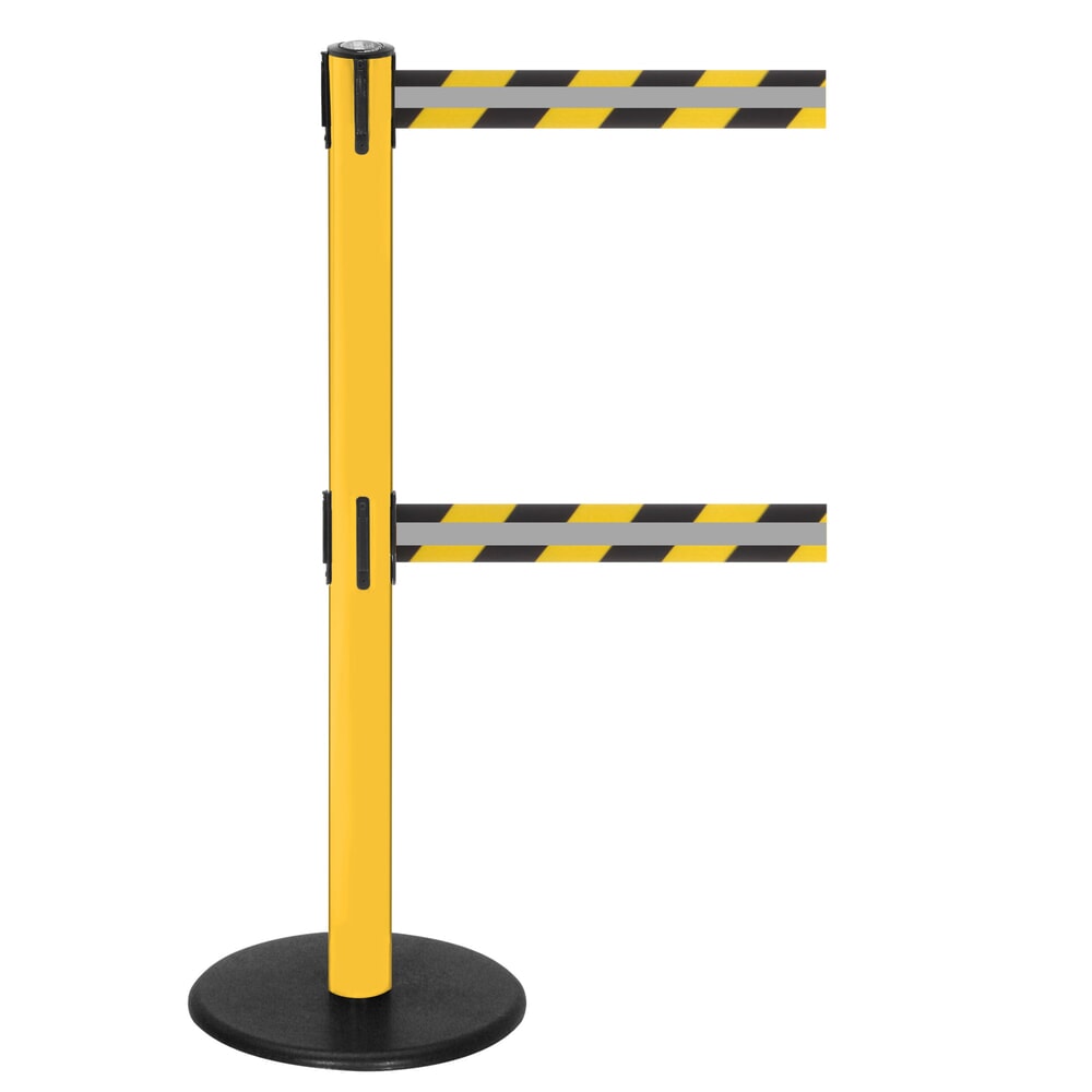 RS-GUIDESYSTEMS® Dual-Gurt-Absperrpfosten GLA 95-E REFLECTO, Länge 3,5 m, Breite 50 mm, Pfosten gelb, Gurt schwarz/gelb