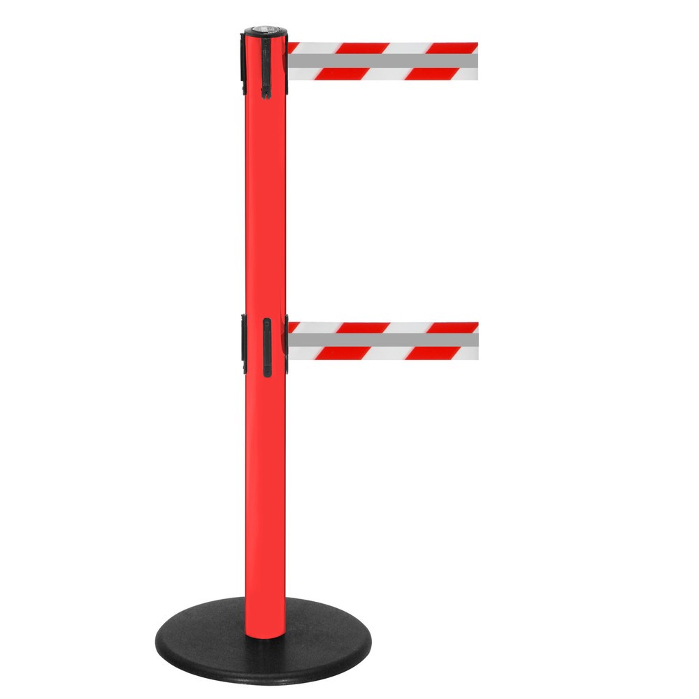 RS-GUIDESYSTEMS® Dual-Gurt-Absperrpfosten GLA 95-D REFLECTO, Länge 3,5 m, Breite 50 mm, Pfosten rot, Gurt rot/weiss