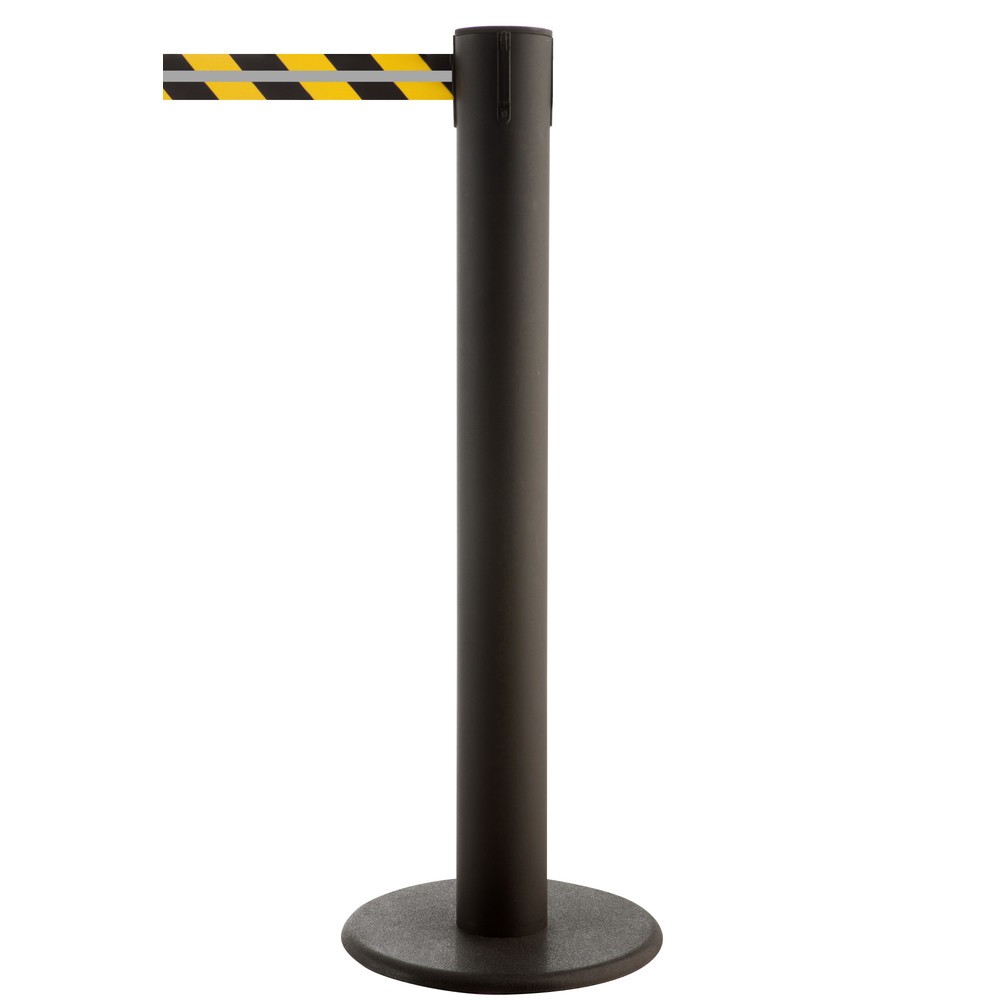 RS-GUIDESYSTEMS® Gurt-Absperrpfosten GLA 85-J REFLECTO, Länge 7 m, Breite 50 mm, Pfosten schwarz, Gurt schwarz/gelb