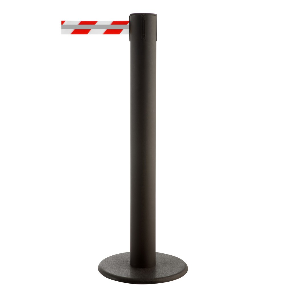 RS-GUIDESYSTEMS® Gurt-Absperrpfosten GLA 85-J REFLECTO, Länge 7 m, Breite 50 mm, Pfosten schwarz, Gurt rot/weiss