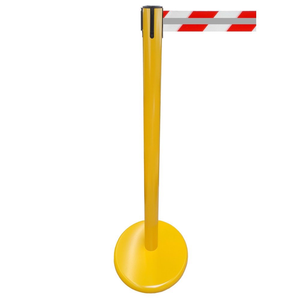 RS-GUIDESYSTEMS® Gurt-Absperrpfosten GLA 45-E REFLECTO, Länge 3,5 m, Breite 50 mm, Pfosten gelb, Gurt rot/weiss