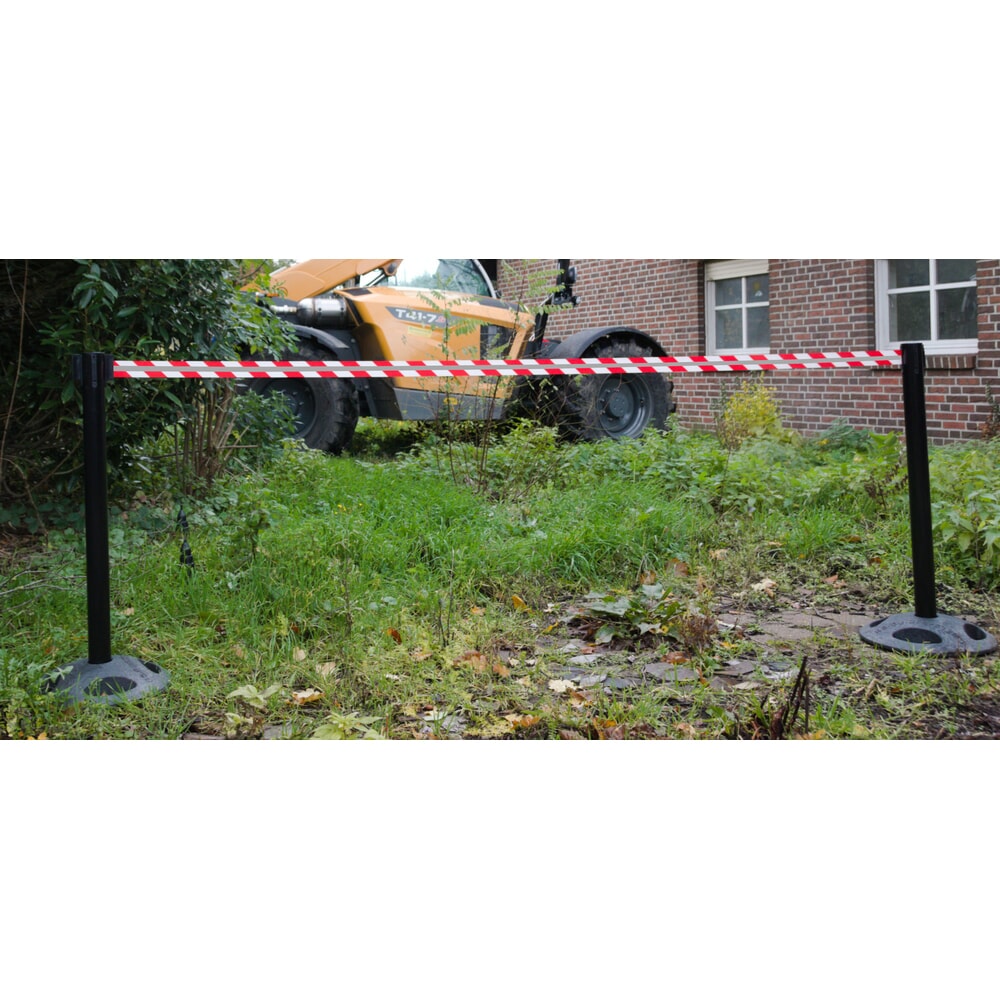 RS-GUIDESYSTEMS® Gurt-Absperrpfosten GLA 25-J REFLECTO, Länge 3,5 m, Breite 50 mm, Pfosten schwarz, Gurt rot/weiß