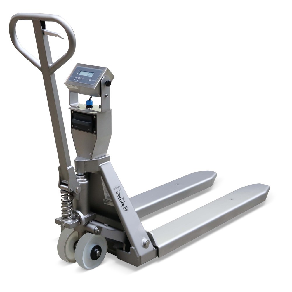 Ravas Edelstahl-Hubwagen mit Waage INOX PRO mit Mehrbereichsanzeige, Tragfähigkeit 2.000 kg